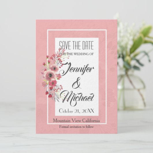Save the Date Bruiloft Roze Bloemen Elegant Plain (Staand voorkant)