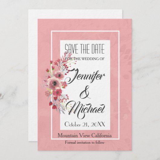 Save the Date Bruiloft Roze Bloemen Elegant Plain (Voorkant / Achterkant)
