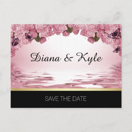 SAVE THE DATE Butterfly Pink Black Gold Wedding Aankondigingskaart (Voorkant)