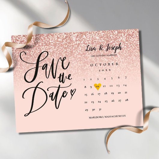 Save the Date Calendar Rose Gold Glitter Ombre Aankondigingskaart
