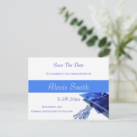 Save The Date Cards - Blue Graduation Cap (Staand voorkant)