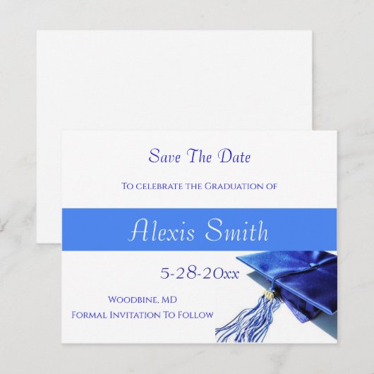 Save The Date Cards - Blue Graduation Cap (Voorkant / Achterkant)