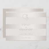 Save the date | Champagne Shimmer Stripe Monogram (Voorkant / Achterkant)