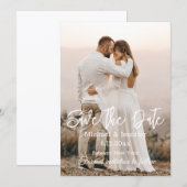 save the date, chic witte kalligrafie huwelijksfot kaart (Voorkant / Achterkant)