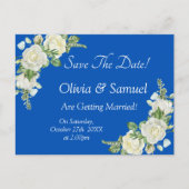 Save The Date - Cobalt Blauw & Witte Rozen Trouwen Aankondigingskaart (Voorkant)