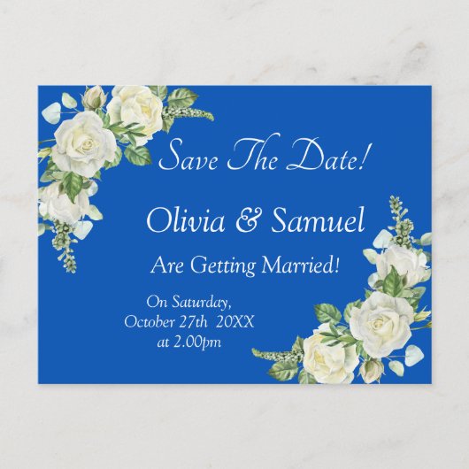 Save The Date - Cobalt Blauw & Witte Rozen Trouwen Aankondigingskaart (Voorkant)