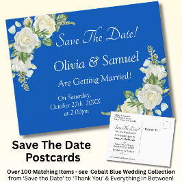 Save The Date - Cobalt Blauw & Witte Rozen Trouwen Aankondigingskaart