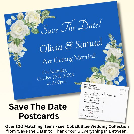 Save The Date - Cobalt Blauw & Witte Rozen Trouwen Aankondigingskaart