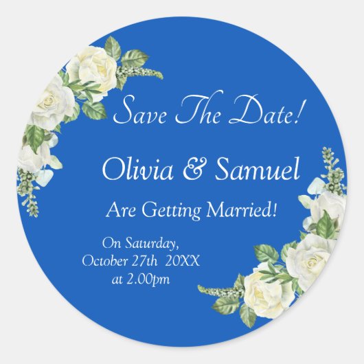 Save The Date - Cobalt Blauw & Witte Rozen Trouwen Ronde Sticker (Voorkant)