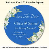 Save The Date - Cobalt Blauw & Witte Rozen Trouwen Ronde Sticker