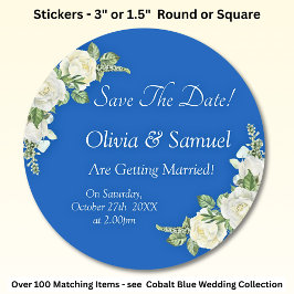 Save The Date - Cobalt Blauw & Witte Rozen Trouwen Ronde Sticker