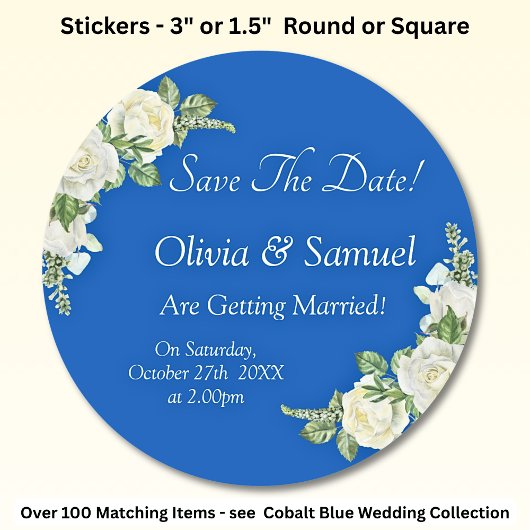Save The Date - Cobalt Blauw & Witte Rozen Trouwen Ronde Sticker