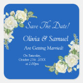 Save The Date - Cobalt Blauw & Witte Rozen Trouwen Vierkante Sticker (Voorkant)
