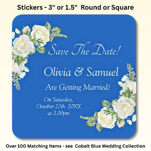Save The Date - Cobalt Blauw & Witte Rozen Trouwen Vierkante Sticker