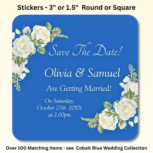 Save The Date - Cobalt Blauw & Witte Rozen Trouwen Vierkante Sticker