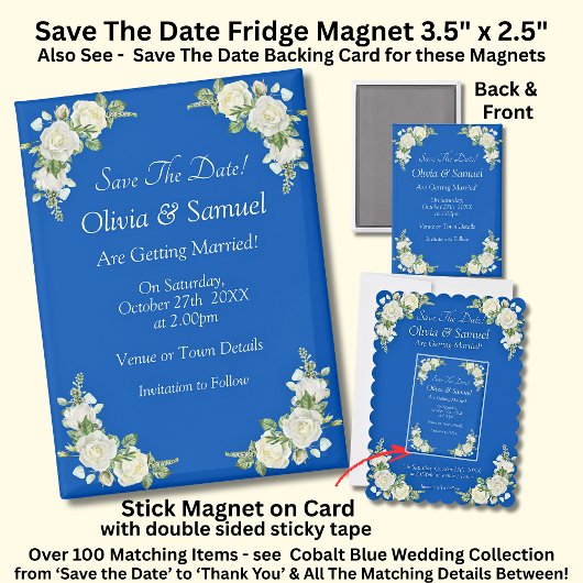 Save The Date, Cobalt Blue White 5" x 2.5" Fridge Magneet
