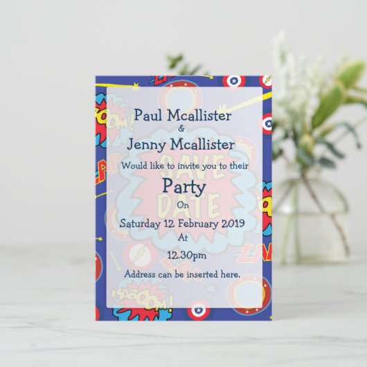 Save the Date Comic Heroes Kaart (Staand voorkant)