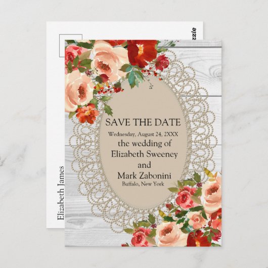 Save the Date Country Rustiek Wit Hout Briefkaart (Voorkant / Achterkant)