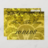 Save The Date - Damask Geel en Groen Aankondigingskaart (Voorkant / Achterkant)