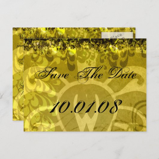 Save The Date - Damask Geel en Groen Aankondigingskaart (Voorkant / Achterkant)