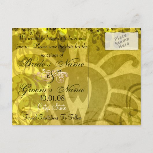 Save The Date - Damask Geel en Groen Aankondigingskaart (Achterkant)