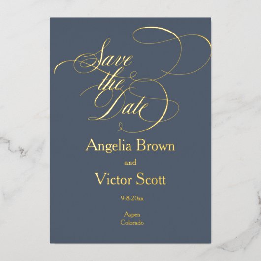 Save the Date Dark Blue Foil Invitation Folie Uitnodiging (Voorkant)