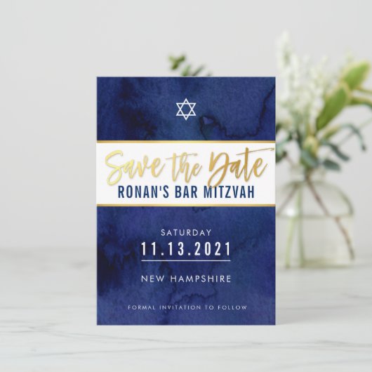 SAVE THE DATE donkerblauwe waterverf goudkleurige  Kaart (Staand voorkant)