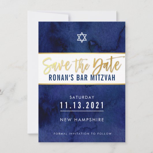 SAVE THE DATE donkerblauwe waterverf goudkleurige  Kaart (Voorkant)