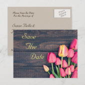 Save the Date - Donkerroze Tulpen & Hout Aankondigingskaart (Voorkant / Achterkant)