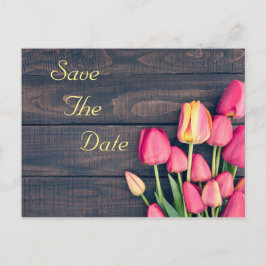 Save the Date - Donkerroze Tulpen & Hout Aankondigingskaart