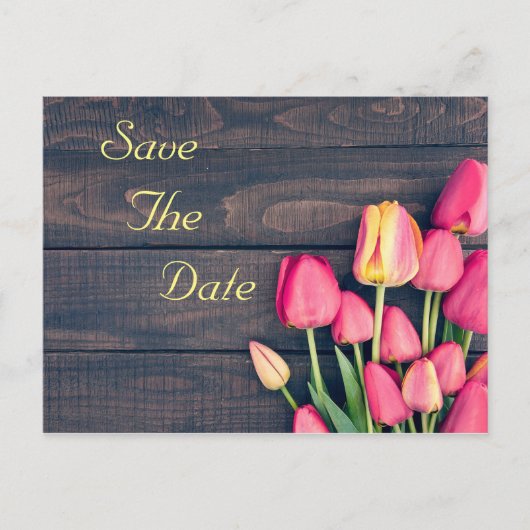 Save the Date - Donkerroze Tulpen & Hout Aankondigingskaart (Voorkant)