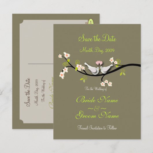 Save the Date doves+roze bloesems/diy kleur Aankondigingskaart (Voorkant / Achterkant)