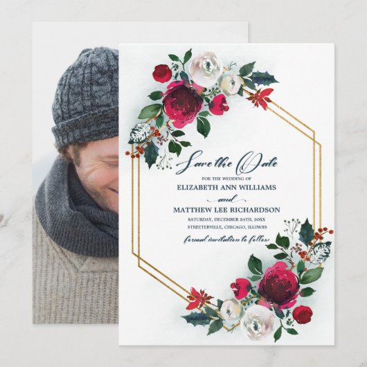 Save the date. Dusty Blue | Burgundy Wedding Photo Kaart (Voorkant / Achterkant)