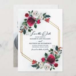Save the date. Dusty Blue | Burgundy Wedding Photo Kaart