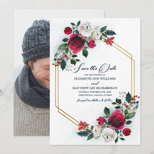 Save the date. Dusty Blue Burgundy Wedding Photo Kaart