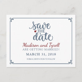 "Save the Date" - Dusty Blue & Dark Red Aankondigingskaart