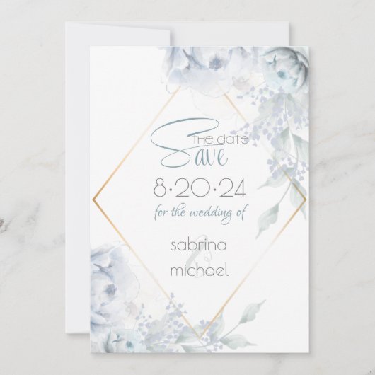 Save the date | Dusty Blue Waterverf Peonies (Voorkant)