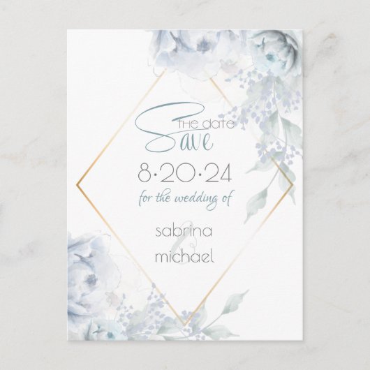 Save the date | Dusty Blue Waterverf Peonies Briefkaart (Voorkant)
