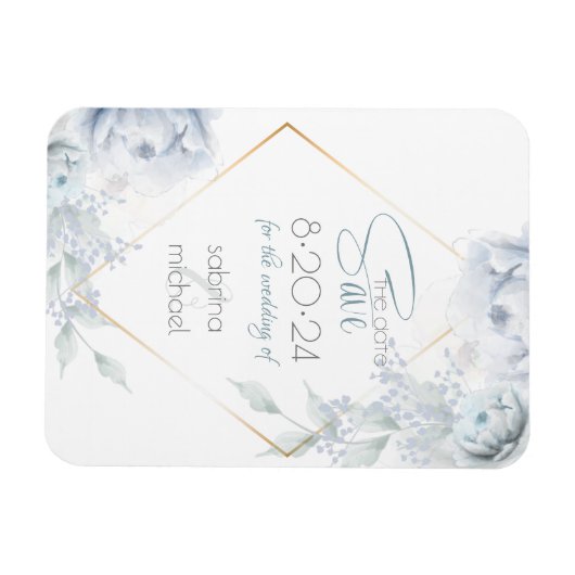 Save the date | Dusty Blue Waterverf Peonies Magneet (Horizontaal)