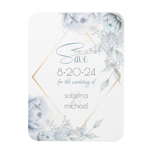 Save the date | Dusty Blue Waterverf Peonies Magneet (Verticaal)