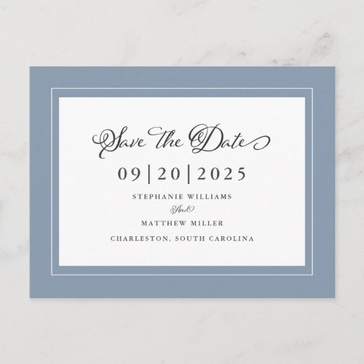Save the date | Dusty Blue Wedding Elegant Script Aankondigingskaart (Voorkant)
