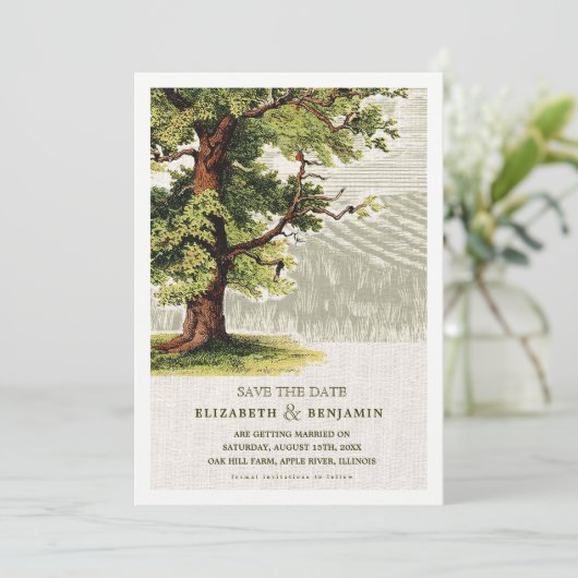 Save the date. eik - Boom Burlap Wedding Kaart (Staand voorkant)