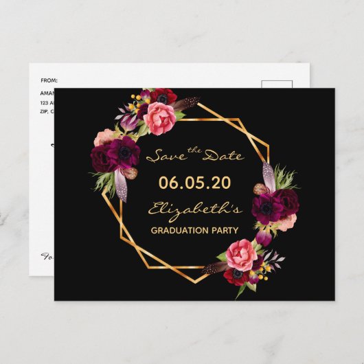 Save the Date eindexamenfeest 2021 zwarte bloemen Briefkaart (Voorkant / Achterkant)