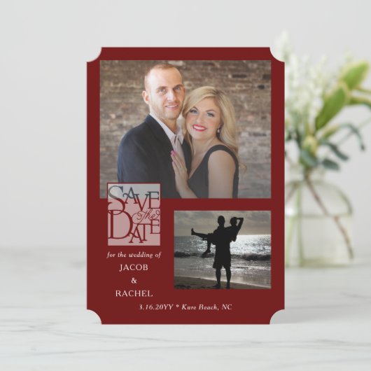 Save the Date Elegant 2-Foto Bourgondische Rode Hu (Staand voorkant)