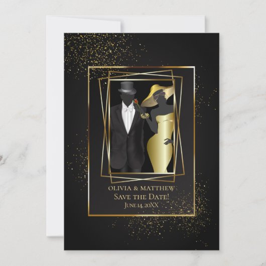 Save the date | Elegant Black en Gold Glitter Kaart (Voorkant)
