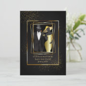 Save the date | Elegant Black en Gold Glitter Kaart (Staand voorkant)