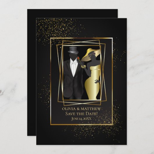 Save the date | Elegant Black en Gold Glitter Kaart (Voorkant / Achterkant)