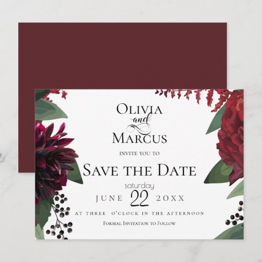 Save the date | Elegant Burgundy Marsala Floral Kaart (Voorkant / Achterkant)