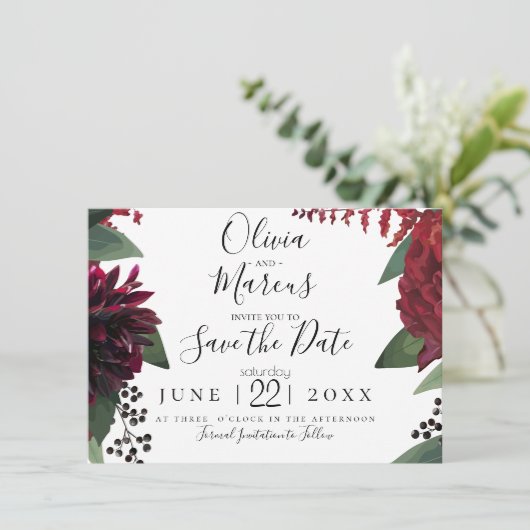 Save the date | Elegant Burgundy Marsala Floral Kaart (Staand voorkant)