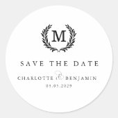 Save the date! Elegant Crest Monogram Wit Ronde Sticker (Voorkant)